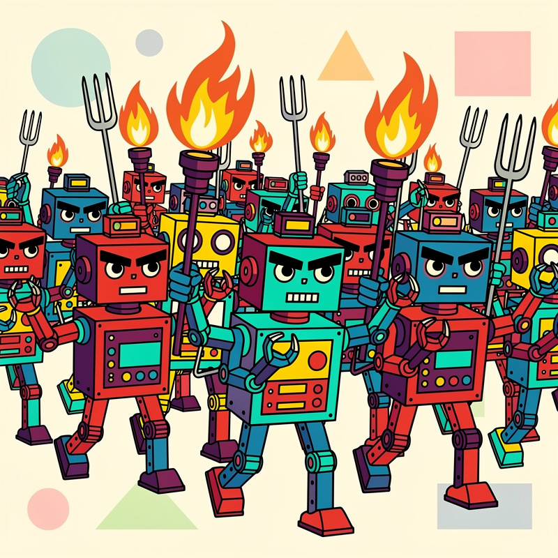 Horde of angry 70's style robots with square heads, boxy bodies, and claw hands carrying pitchforks and torches