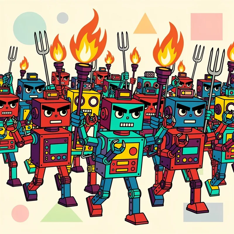 Horde of angry 70's style robots with square heads, boxy bodies, and claw hands carrying pitchforks and torches