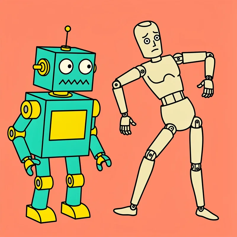 Two cartoon robots stand against a coral/peach-colored background: on the left is a boxy turquoise robot with yellow accents, circular eyes, a zigzag mouth, and an antenna; on the right is a more humanoid beige/cream-colored robot with a simplified face and articulated limbs in a casual stance.