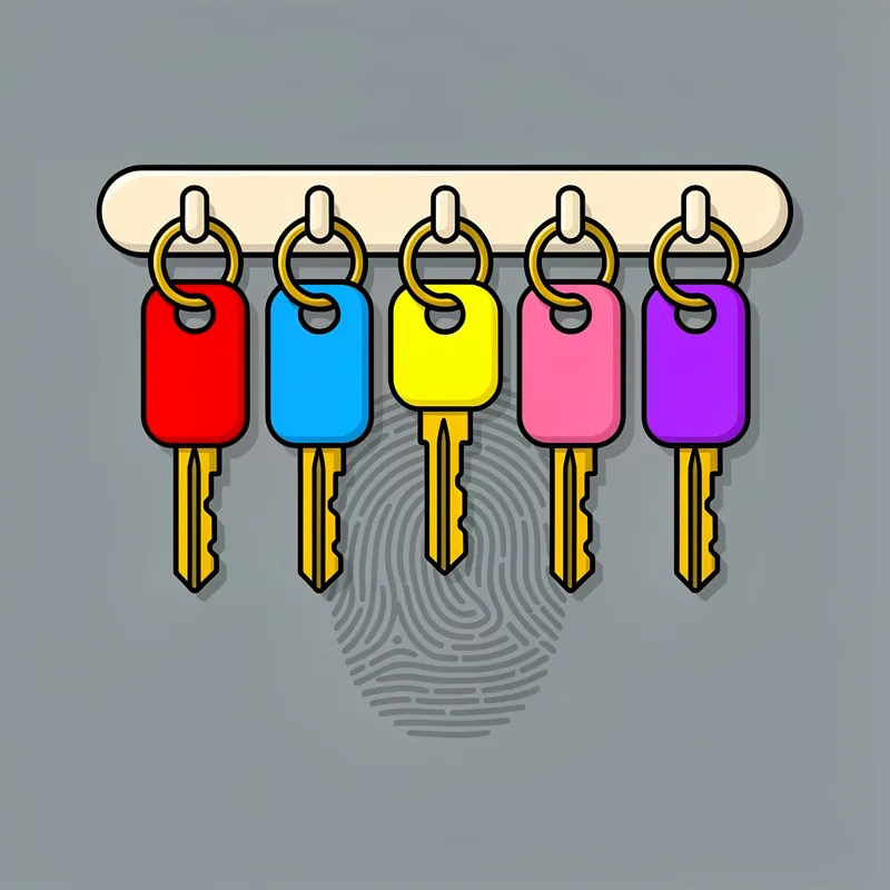 A row of brass keys with distinct colored tags hanging from a hook board, one key casting a shadow shaped like a fingerprint, on a clean slate gray wall.