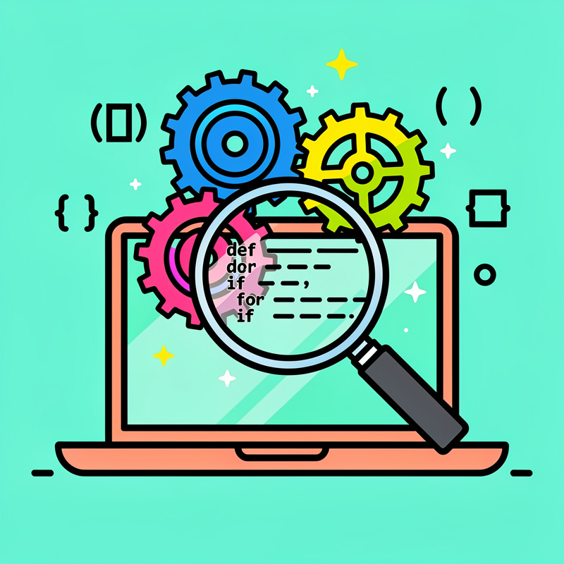 A laptop computer with a coral-pink colored frame sits on a turquoise background, displaying code text (def, dor, if, for, if) on its screen with a magnifying glass positioned over it. Three colorful gears (blue, yellow, and pink) appear above the laptop, surrounded by decorative brackets, parentheses, and sparkle symbols scattered around the composition.