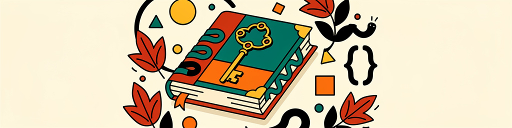 Vintage book with golden key on cover, symbolizing knowledge and unlocking potential, surrounded by stylized leaves in red and black, educational concept illustration for Python programming, machine learning, and tech startups
