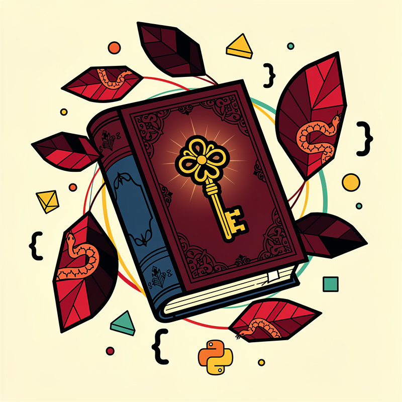 Vintage book with golden key on cover, symbolizing knowledge and unlocking potential, surrounded by stylized leaves in red and black, educational concept illustration for Python programming, machine learning, and tech startups