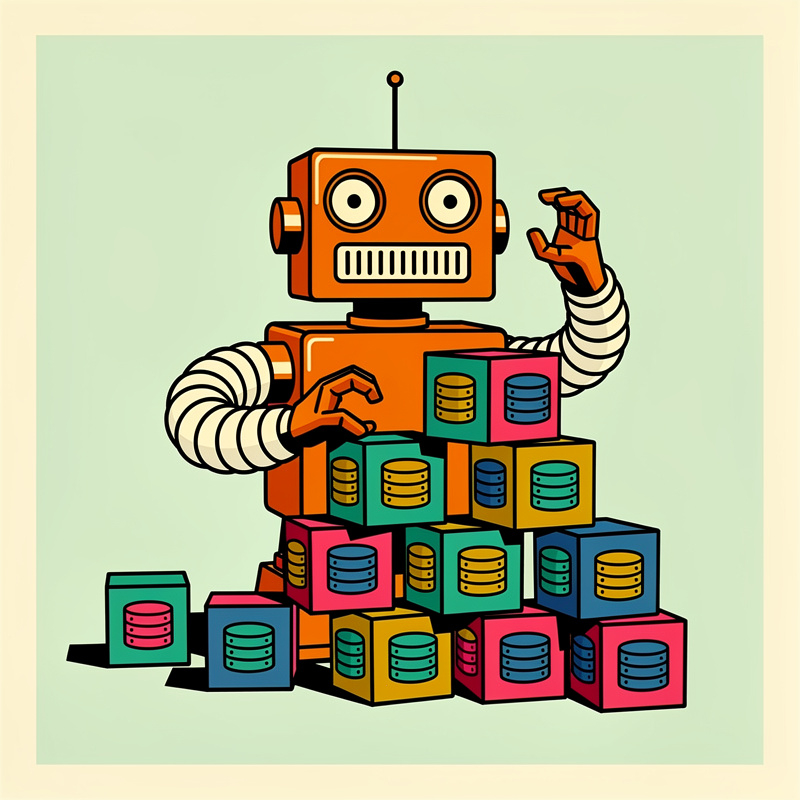 Retro 1970s toy robot with boxy square head, rectangular body, accordion tube arms with claw hands, square head with single antenna on top, two circular eyes, rectangular mouth grille stacking database cube blocks
