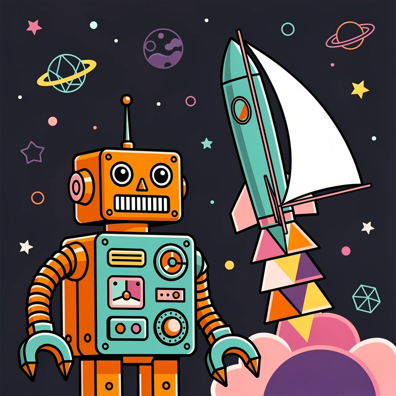 A retro-style cartoon illustration featuring an orange and teal robot with claw hands and an antenna standing next to a turquoise and white rocket ship against a dark space background. The scene includes colorful geometric planets (one with rings, one wireframe), stars in pink and yellow, small circles, and a trail of multicolored triangular shapes beneath the rocket.