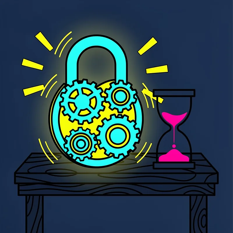 A glowing padlock made of interlocking gears turning slowly on a dark workbench, with a small hourglass beside it suggesting deliberate slowness.