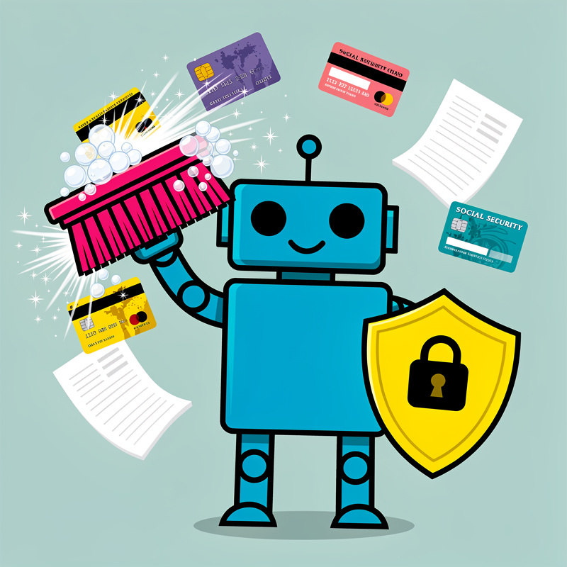 A blue robot with a simple smiling face holds a pink scrub brush with soap bubbles, standing next to a yellow shield with a padlock symbol. Surrounding the robot are floating credit cards (purple, coral, yellow, and teal including one labeled "SOCIAL SECURITY") and white paper documents against a light blue-green background with sparkle effects.