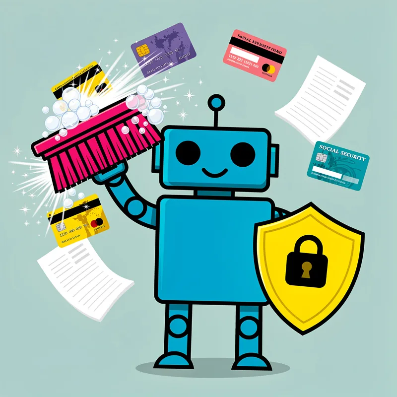 A blue robot with a simple smiling face holds a pink scrub brush with soap bubbles, standing next to a yellow shield with a padlock symbol. Surrounding the robot are floating credit cards (purple, coral, yellow, and teal including one labeled "SOCIAL SECURITY") and white paper documents against a light blue-green background with sparkle effects.