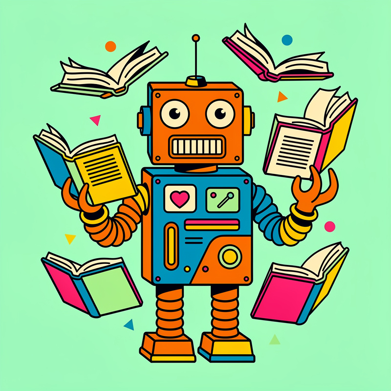 An orange and blue cartoon robot with large eyes and a striped grin stands centered on a mint green background, holding books in its striped orange arms while six more colorful open books (in pink, blue, yellow, and green) float around it. Small geometric shapes (triangles and circles in orange, pink, blue, and yellow) are scattered throughout the composition.