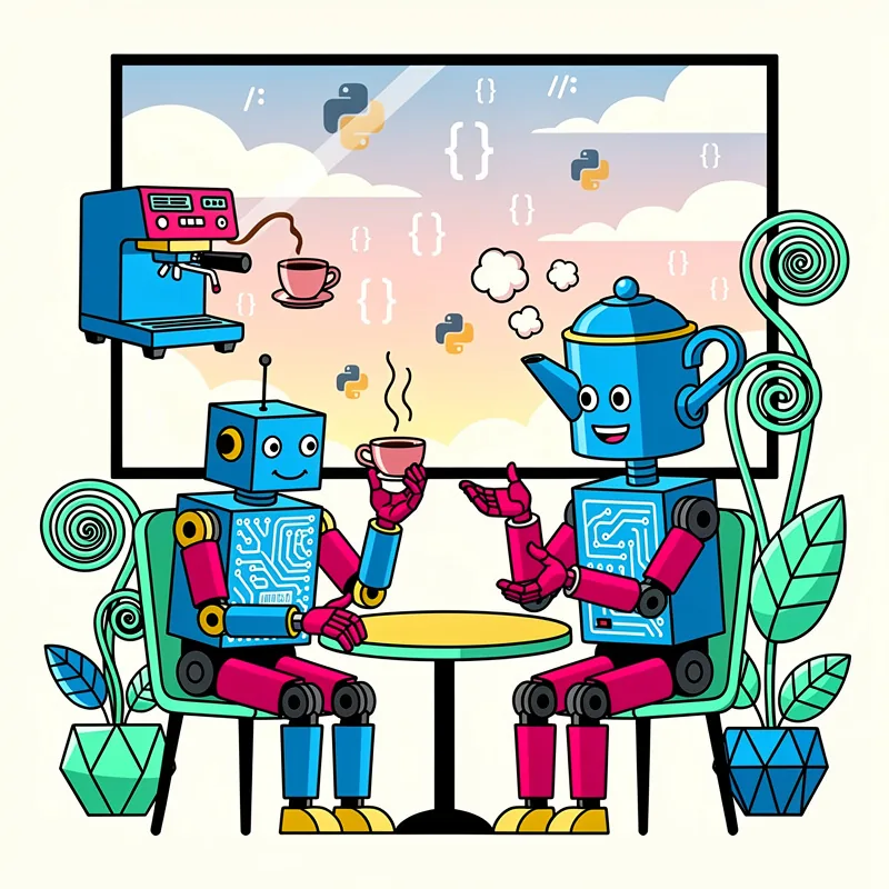 Two robots with blue bodies, pink limbs, and yellow feet sit at a small round table having coffee, with an espresso machine on the left, a cheerful blue teapot character on the right, and a background showing Python code snippets (curly braces and Python logos) in a pastel sky. The scene is decorated with spiral green lollipops and geometric plants in the corners.