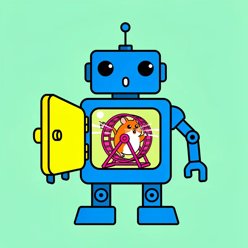 A blue cartoon robot with a single antenna stands against a mint green background, holding open a yellow door on its chest cavity that reveals an orange and white hamster running in a pink exercise wheel.