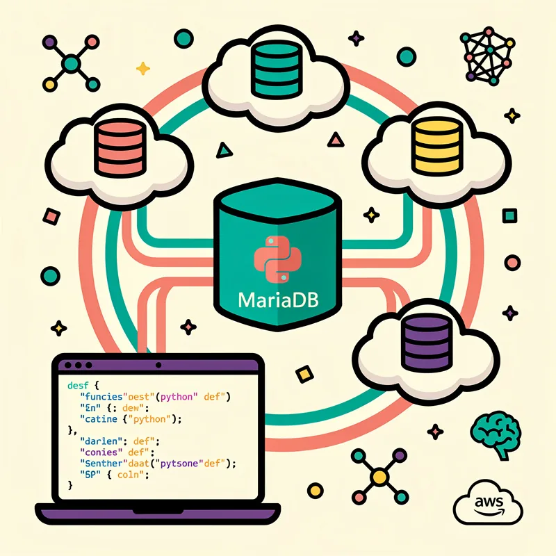 MariaDB database architecture diagram showing cloud-based distributed databases connecting to central MariaDB server with application code interface for Python programming and machine learning data storage
