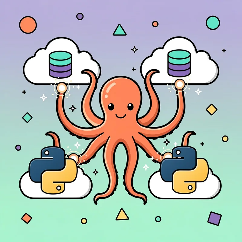 MySQL database illustration with octopus tentacles connecting to Python application and cloud database infrastructure for backend development
