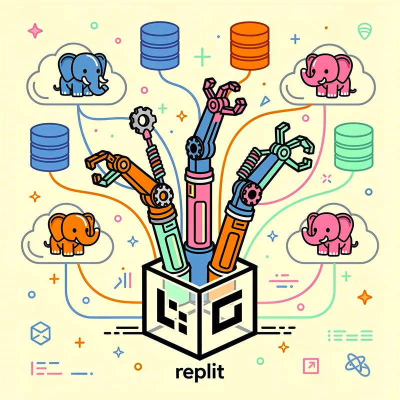 PostgreSQL database automation with robotic arms connecting to cloud databases and AWS RDS.
