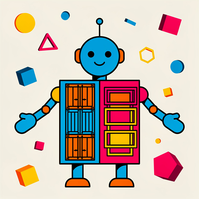 A colorful cartoon robot with a blue circular head, orange headphones, and a body made of storage containers (orange shipping containers on the left, pink filing cabinets on the right) stands centered on a beige background. Geometric shapes in blue, yellow, pink, and orange (circles, triangles, squares, hexagons, and cubes) float around the robot.