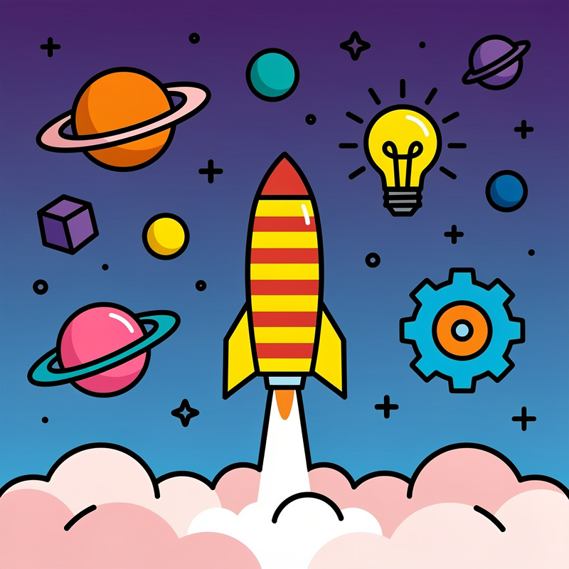 A red and yellow striped rocket ship launches upward through pink and white clouds against a purple-to-blue gradient background, surrounded by colorful illustrated space elements including an orange ringed planet, pink ringed planet, purple planet, light bulb, blue gear, purple cube, and various circles and stars scattered throughout.