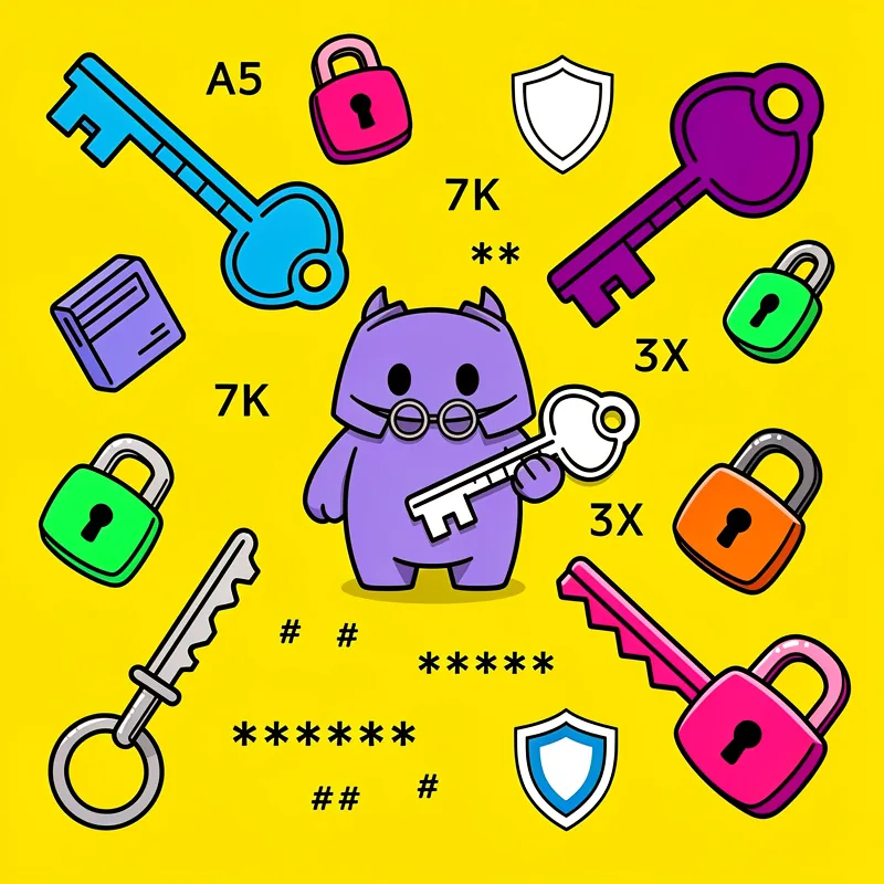 Discord logo mascot surrounded by colorful security icons including keys, locks, and alphanumeric codes on yellow background - Discord account security and verification illustration