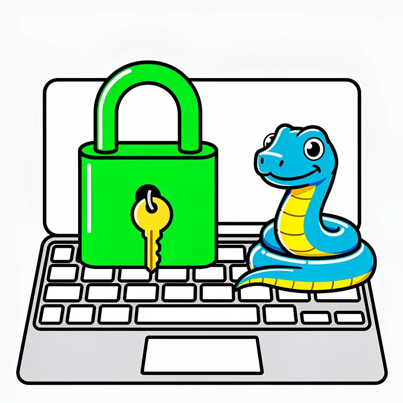 A green padlock with a small key in it sitting on a laptop keyboard next to a Python snake figurine.