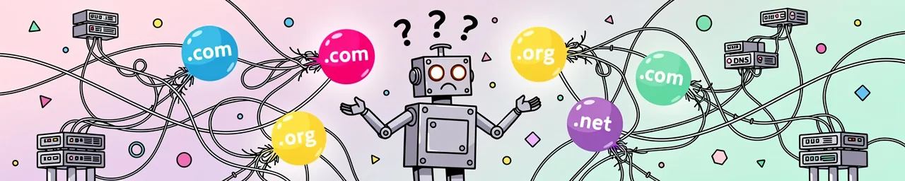 A confused-looking teal and white robot with an antenna stands center, holding balloons labeled ".com", ".org", and ".net" while connected by cables to server stacks on either side. Two large question marks (one orange, one pink) float above the robot against a light blue-to-pink gradient background with scattered geometric shapes.