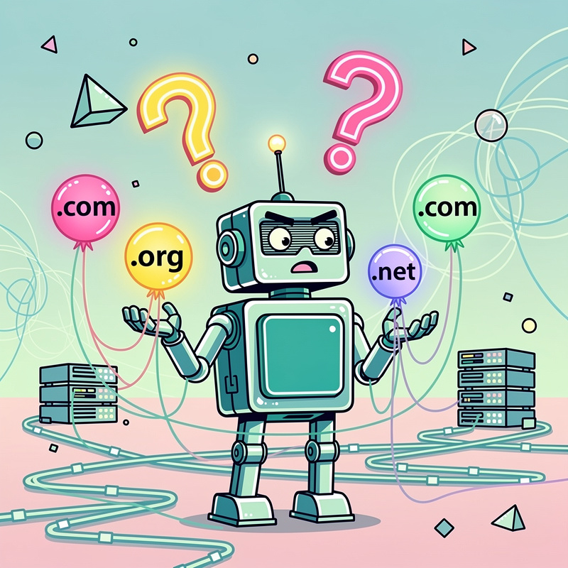 A confused-looking teal and white robot with an antenna stands center, holding balloons labeled ".com", ".org", and ".net" while connected by cables to server stacks on either side. Two large question marks (one orange, one pink) float above the robot against a light blue-to-pink gradient background with scattered geometric shapes.