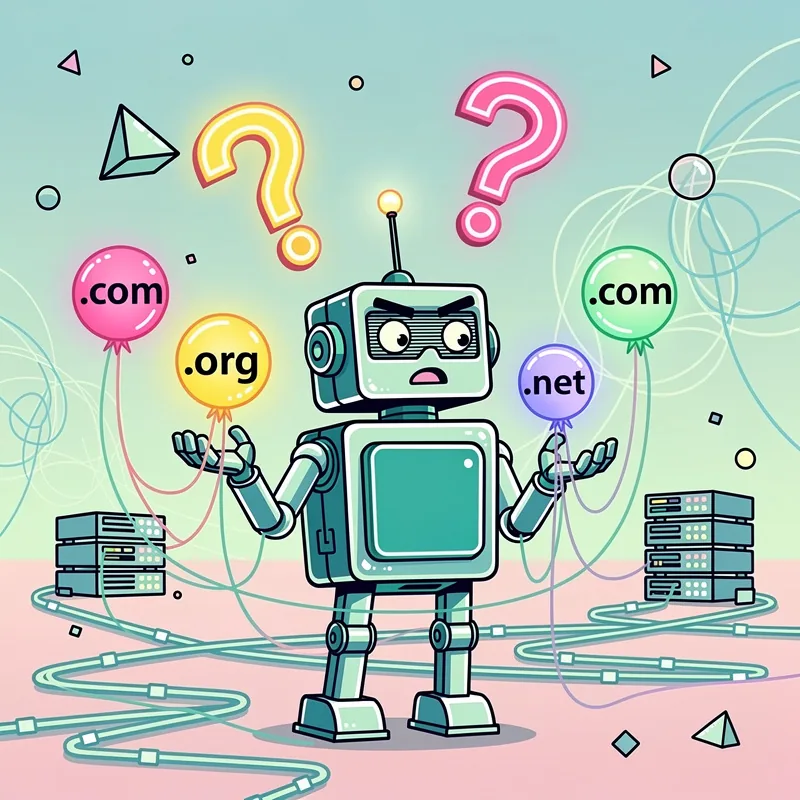 A confused-looking teal and white robot with an antenna stands center, holding balloons labeled ".com", ".org", and ".net" while connected by cables to server stacks on either side. Two large question marks (one orange, one pink) float above the robot against a light blue-to-pink gradient background with scattered geometric shapes.