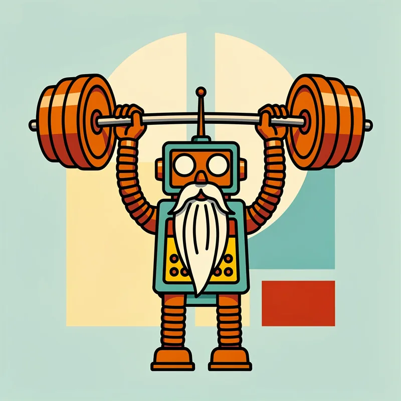 Elderly retro 1970s toy robot; boxy square head; rectangular body, accordion tube arms; claw hands, square head; single antenna on top, two circular eyes, long white beard instead of a mouth; holding a very heavy barbell over his head.
