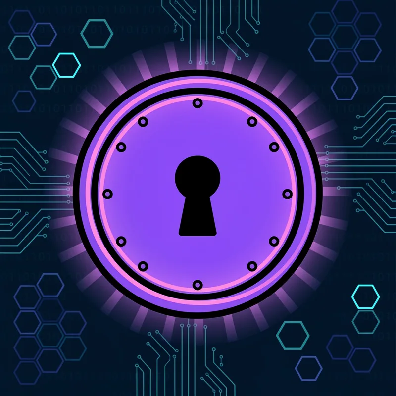A glowing violet vault door with a keyhole set into a dark wall of faint geometric light patterns.
