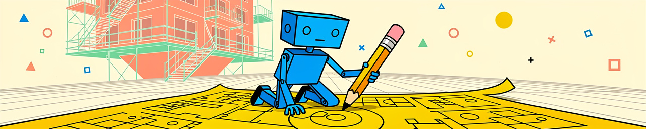A blue robot character holding a pencil is drawing or writing on a large yellow blueprint/paper that extends across a wooden floor, with a construction site featuring red scaffolding and buildings in the background, and colorful geometric shapes (circles, triangles, squares) scattered in the cream-colored sky.