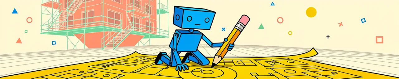 A blue robot character holding a pencil is drawing or writing on a large yellow blueprint/paper that extends across a wooden floor, with a construction site featuring red scaffolding and buildings in the background, and colorful geometric shapes (circles, triangles, squares) scattered in the cream-colored sky.