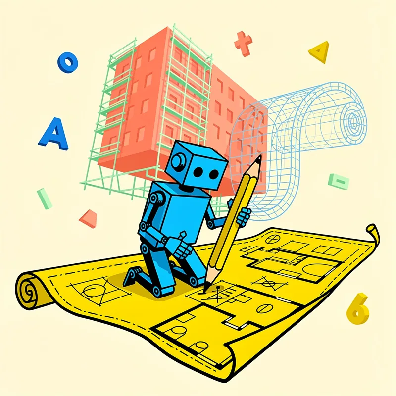A blue robot holding a yellow pencil stands on a yellow architectural blueprint, with a coral-colored building structure featuring green scaffolding in the background and a wireframe cylindrical shape to the right. Floating geometric shapes (letters "A" and "O", numbers "6", and colorful symbols including a cross and triangle) are scattered around the beige background.
