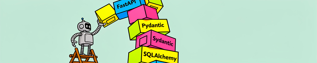 A cartoon robot standing on an orange ladder reaches toward a stack of colorful blocks labeled with Python framework names (FastAPI, Pydantic, Sydantic, SQLAlchemy) against a light mint green background.