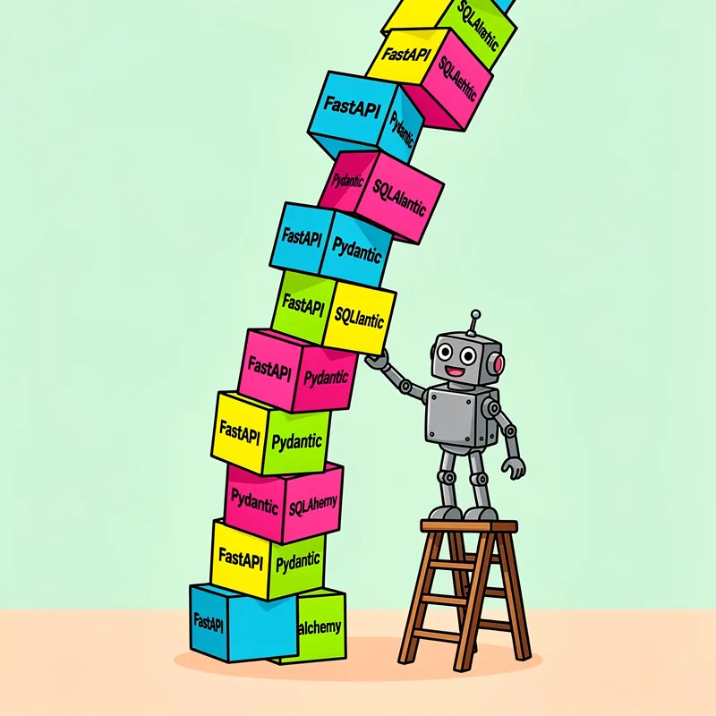 A cartoon robot standing on a wooden ladder is steadying a tall, precarious tower of colorful blocks labeled with various Python web frameworks including FastAPI, Pydantic, SQLAlchemy, and SQLlantic in bright pink, yellow, cyan, and blue colors against a mint green background with a peach-colored floor.