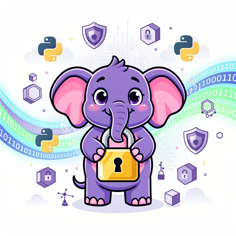 Cute cartoon elephant mascot holding golden padlock icon - Python security, machine learning data protection, and AI model encryption illustration for tech startups
