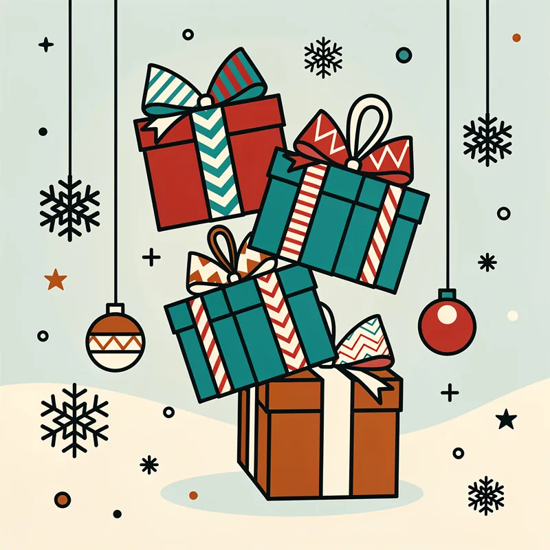 Festive holiday gift boxes illustration with red, teal, and orange wrapped presents with decorative bows, snowflakes, and ornaments on winter background.