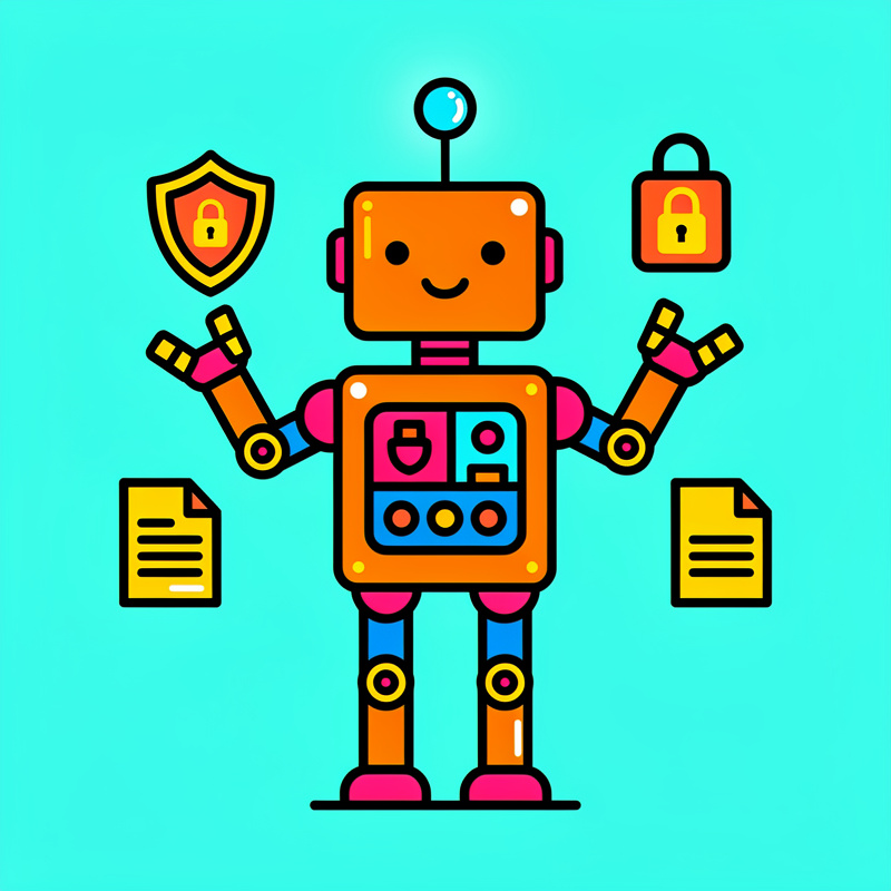 A colorful cartoon robot with an orange rectangular body and head, pink and blue limbs, stands centered on a cyan background, surrounded by six icons: a shield with a lock (top left), a padlock (top right), two yellow document icons (bottom left and right), and security-related symbols, all in a flat illustration style with bold black outlines.