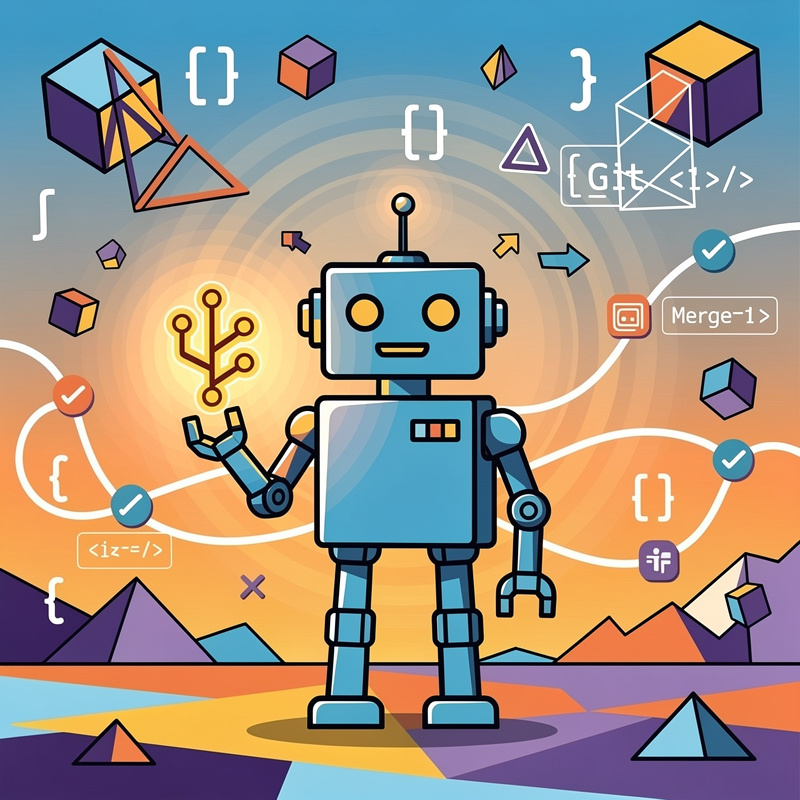 A blue robot with orange circular eyes and a simple smiling face stands in the center, surrounded by floating geometric shapes (cubes, pyramids, polygons) and coding symbols including curly braces, Git merge icons, and HTML-style tags. The background features a gradient sky transitioning from blue at the top to orange/yellow in the middle, with purple and blue geometric mountains at the bottom and a colorful striped ground beneath the robot's feet.