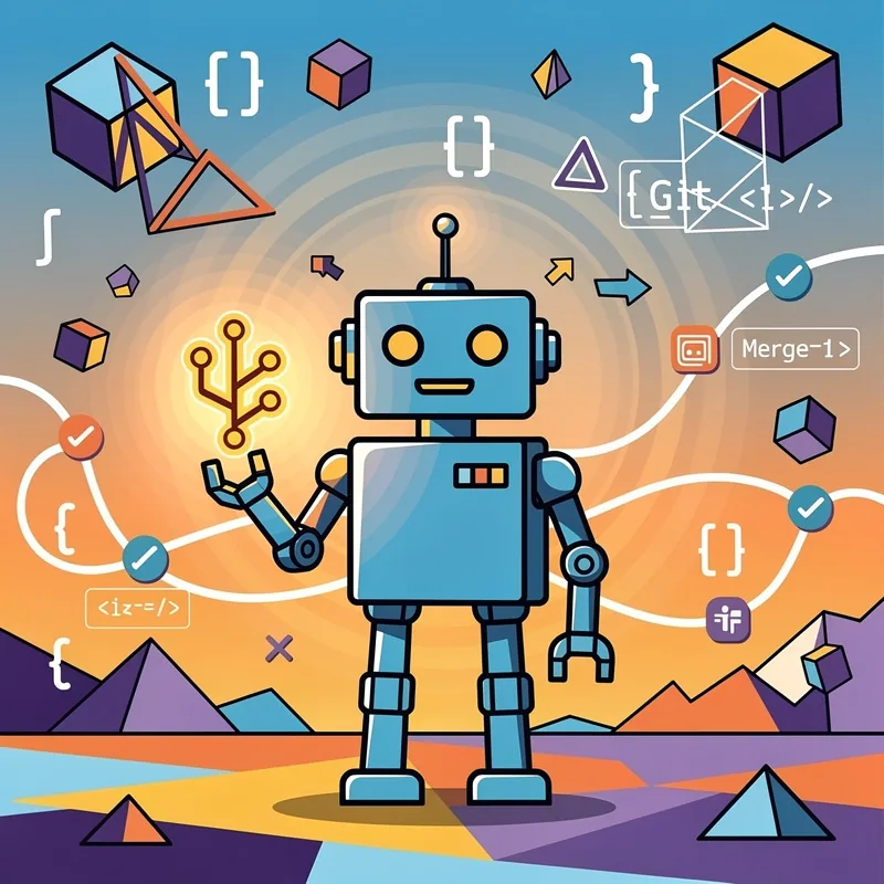 A blue robot with orange circular eyes and a simple smiling face stands in the center, surrounded by floating geometric shapes (cubes, pyramids, polygons) and coding symbols including curly braces, Git merge icons, and HTML-style tags. The background features a gradient sky transitioning from blue at the top to orange/yellow in the middle, with purple and blue geometric mountains at the bottom and a colorful striped ground beneath the robot's feet.