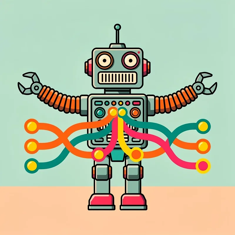 Retro 1970s toy robot with boxy square head, rectangular body, accordion tube arms with claw hands, square head with single antenna on top, two circular eyes, rectangular mouth grille merging git branches with both arms