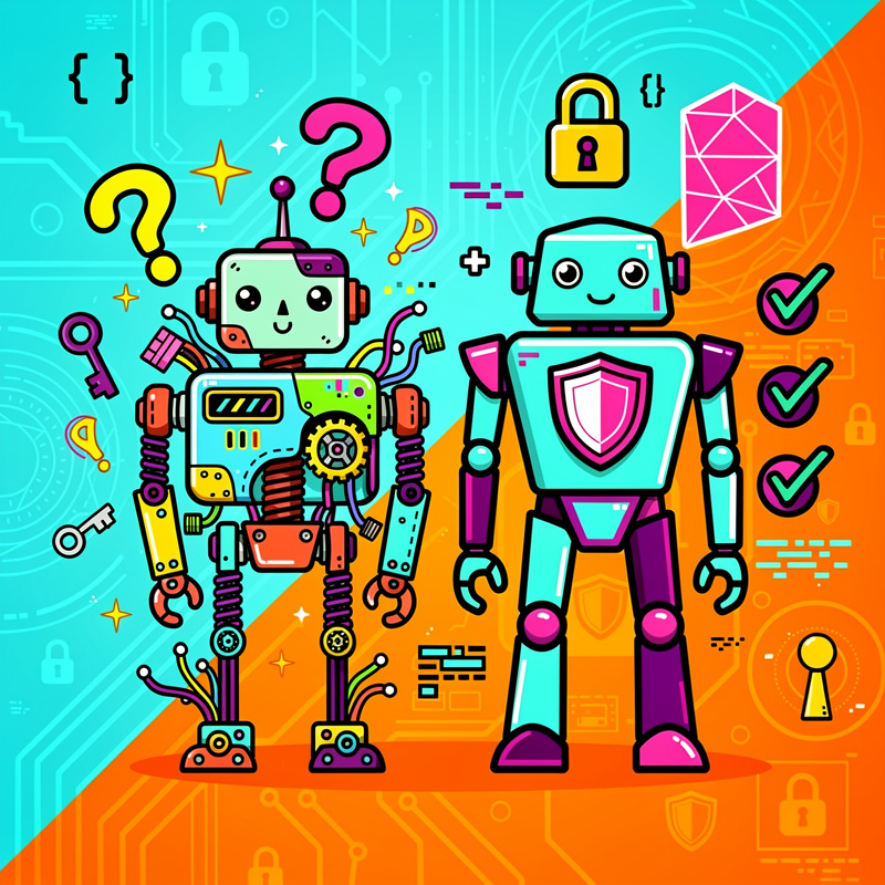 Two colorful cartoon robots stand side by side against a split cyan and orange background with tech-themed icons scattered around them - the left robot has multiple arms, question marks, and gears, while the right robot features a shield emblem on its chest with checkmarks and lock symbols nearby.