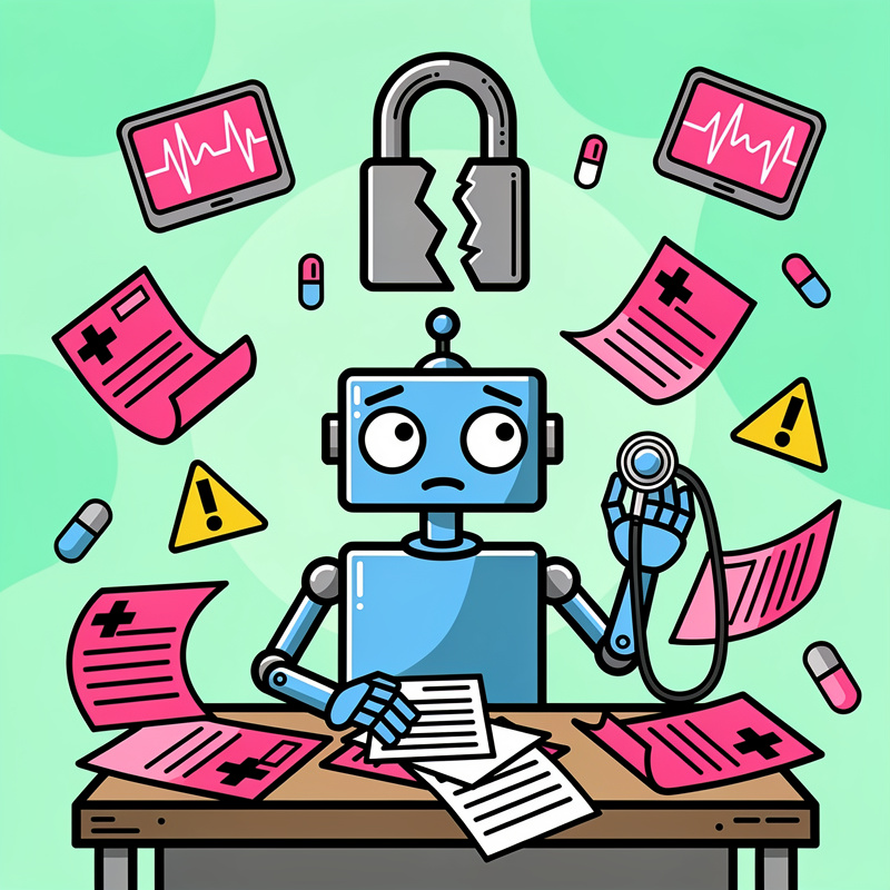 A blue cartoon robot sits at a brown desk writing on papers, surrounded by floating pink medical documents with crosses, heart monitor screens, pills, yellow warning triangles, and a broken padlock above its head, all set against a mint green background.