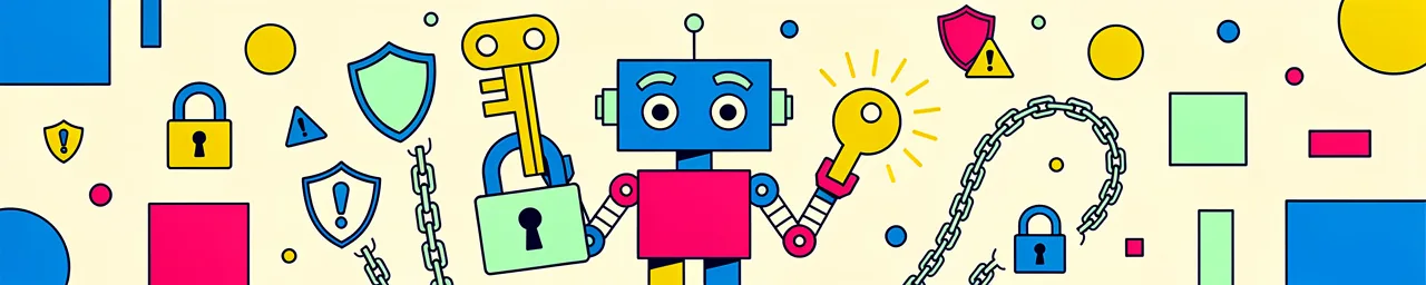 A simple line-drawn robot character stands in the center holding a yellow padlock in one hand and a golden key in the other, surrounded by various security-themed icons including locks, chains, warning triangles, and shield symbols in yellow, pink, blue, and mint green colors against a cream background with colorful geometric shapes.