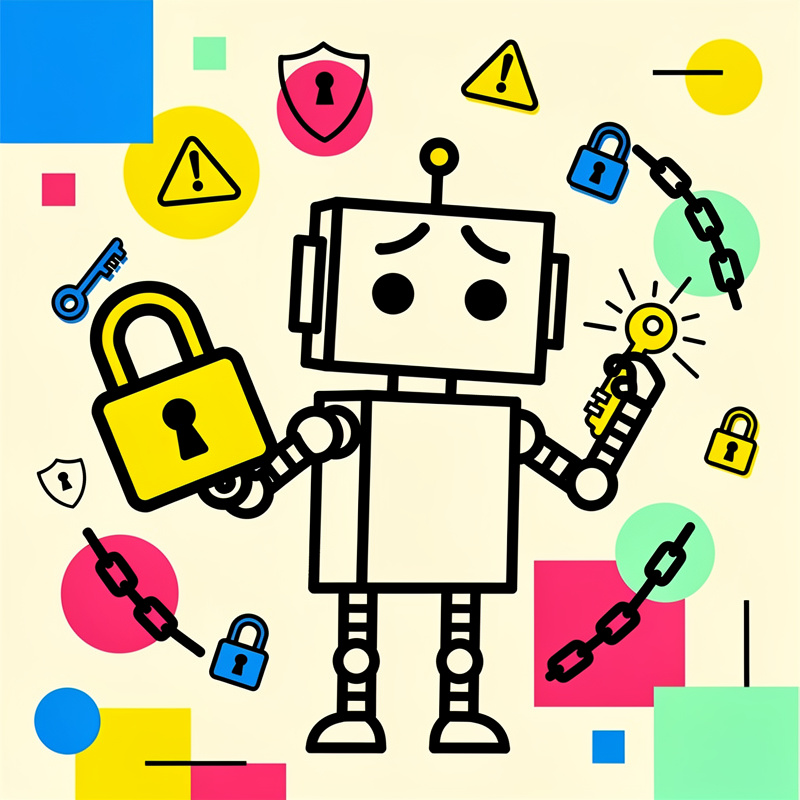 A simple line-drawn robot character stands in the center holding a yellow padlock in one hand and a golden key in the other, surrounded by various security-themed icons including locks, chains, warning triangles, and shield symbols in yellow, pink, blue, and mint green colors against a cream background with colorful geometric shapes.