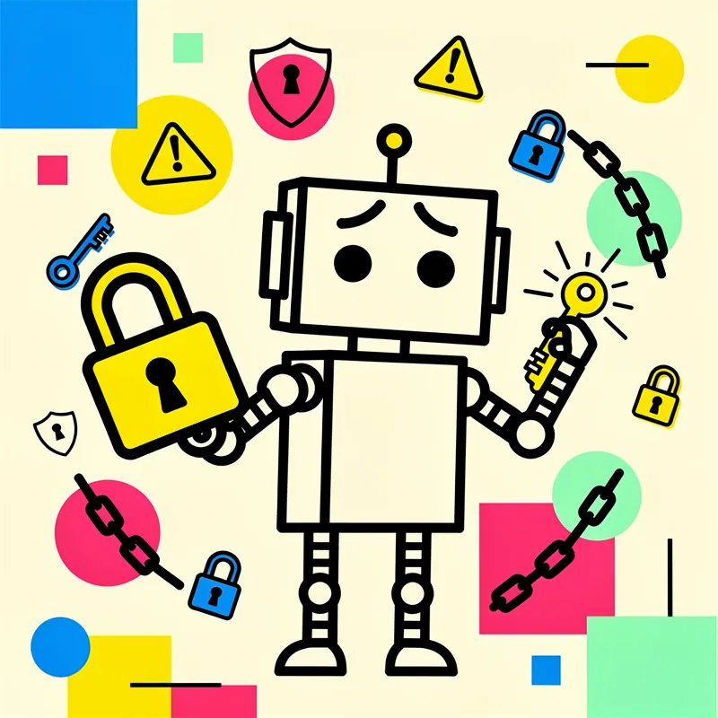 A simple line-drawn robot character stands in the center holding a yellow padlock in one hand and a golden key in the other, surrounded by various security-themed icons including locks, chains, warning triangles, and shield symbols in yellow, pink, blue, and mint green colors against a cream background with colorful geometric shapes.