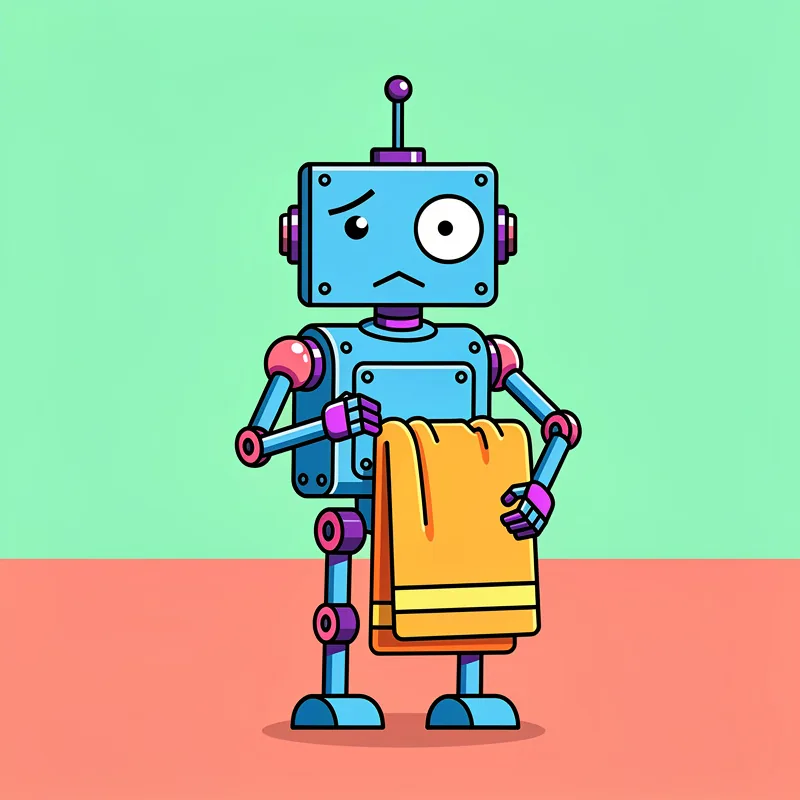 A blue cartoon robot with a rectangular head, single large eye, and purple accents holds an orange towel or cloth while standing on a coral-pink surface against a mint green background. The robot has a worried or uncertain facial expression, cylindrical limbs with pink joints, and a purple antenna on top of its head.