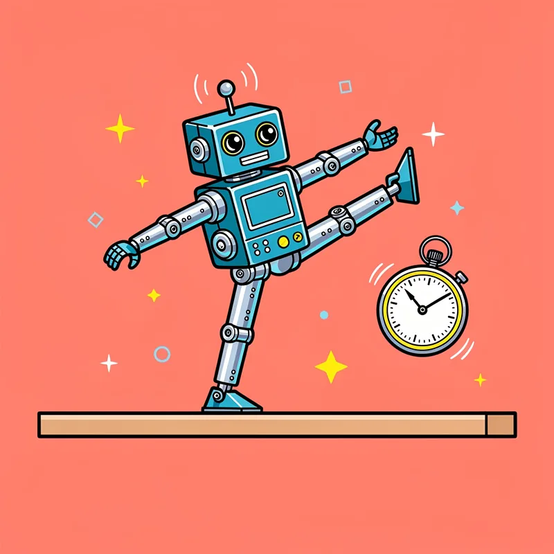A blue cartoon robot with extended arms strikes a dynamic pose on a tan platform against a coral/salmon pink background, with a stopwatch showing on the right side and decorative stars and geometric shapes scattered around. A loading bar appears at the bottom of the image.