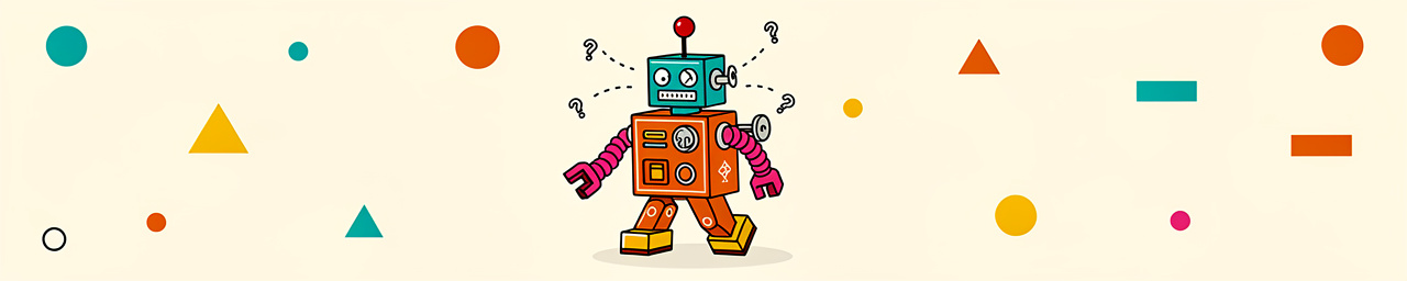 A cartoon robot with a turquoise cube-shaped head (featuring mismatched eyes and an antenna) and an orange rectangular body walks forward with yellow feet. The robot has pink coiled spring arms with claw hands, and is surrounded by pink and red question marks against a beige background with geometric shapes.