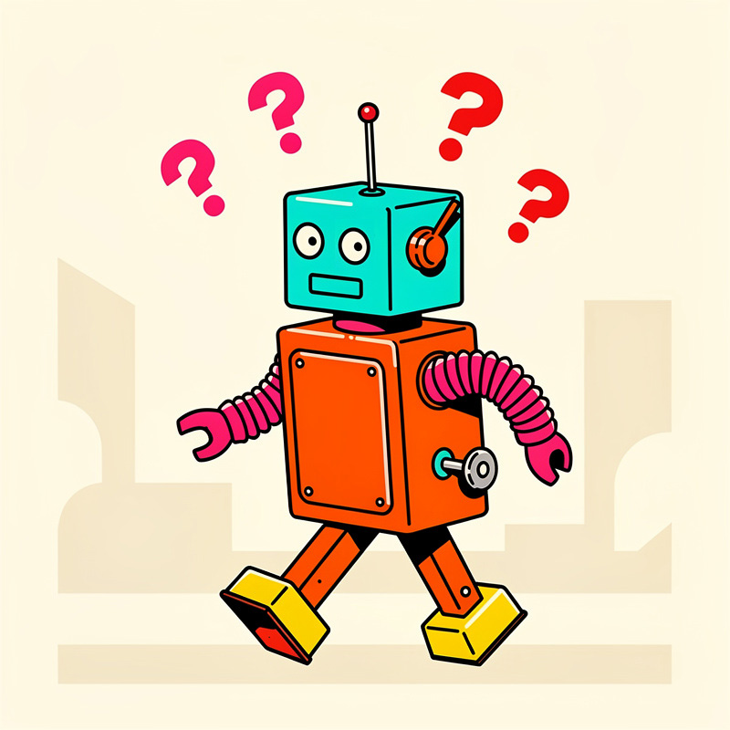 A cartoon robot with a turquoise cube-shaped head (featuring mismatched eyes and an antenna) and an orange rectangular body walks forward with yellow feet. The robot has pink coiled spring arms with claw hands, and is surrounded by pink and red question marks against a beige background with geometric shapes.