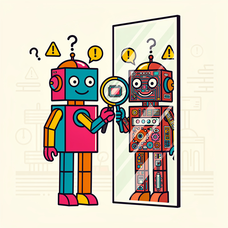 A colorful cartoon robot in pink, blue, and orange holds a magnifying glass while looking at its reflection in a mirror, revealing complex circuitry and mechanical components inside. Warning symbols (exclamation marks, question marks, and triangular caution signs) float around the robot's head against a beige background.