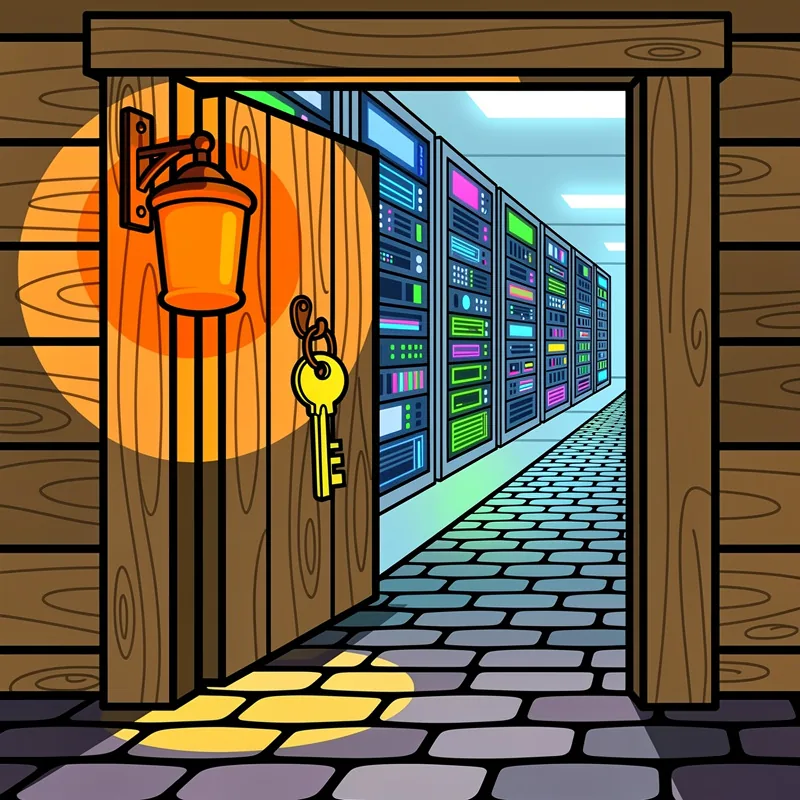 A wooden gatehouse with a lit lantern guarding a narrow path into a server room, a brass key hanging on a hook by the door.