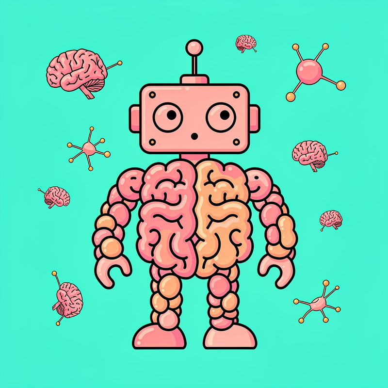A pink and orange robot with a rectangular head and body made of brain-shaped segments stands centered on a turquoise background, surrounded by floating pink brains and molecular structures with connecting nodes.